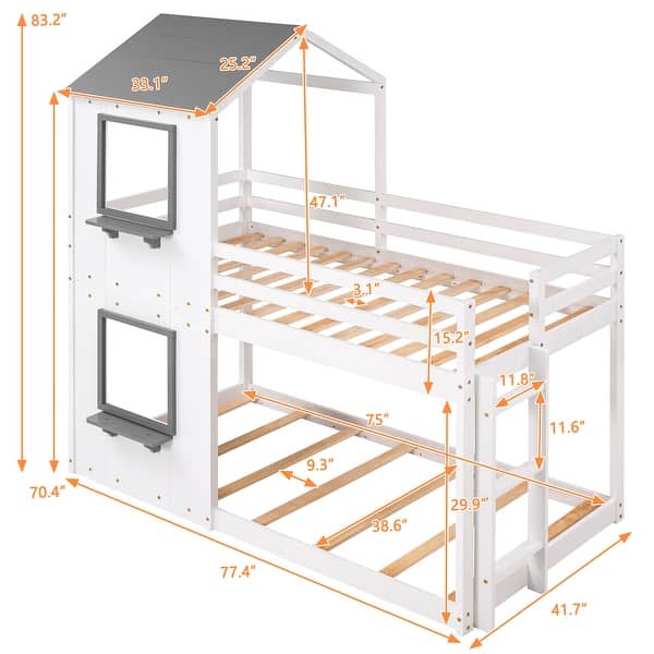 House Bunk Bed for Kids, Twin Over Twin Bunk Bed Frame, Wooden Floor Bunk Bed with Roof, Window, Guardrail, Ladder