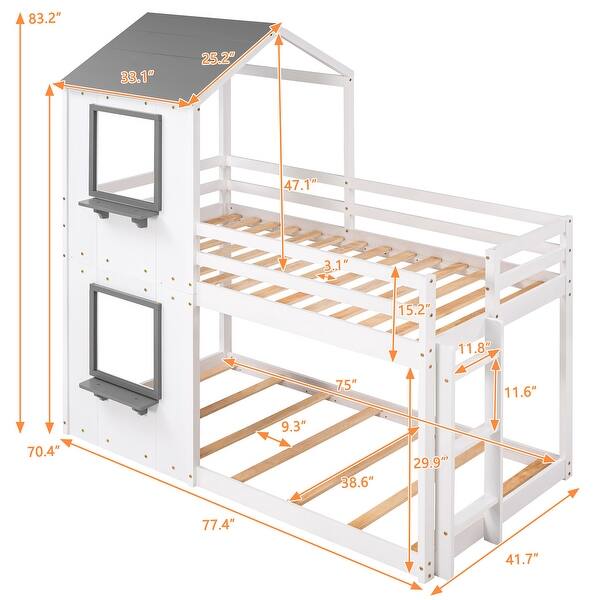 dimension image slide 1 of 2, Twin over Twin Size Solid Wood Bunk Bed Wood Bed with Roof, Window, Guardrail, Ladder