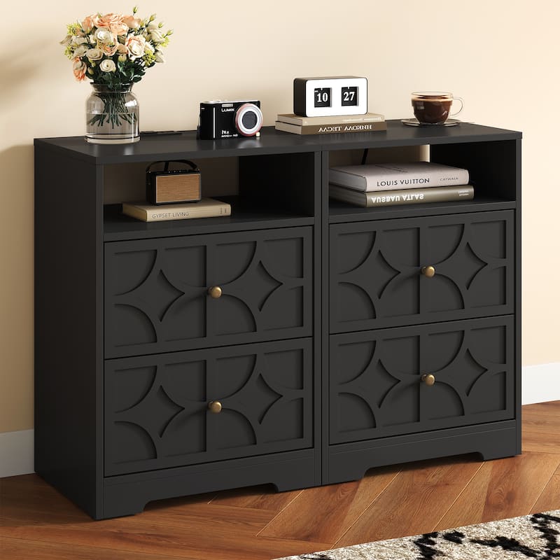Large Night Stand with 2 Drawers and Charging Station, Set of 2