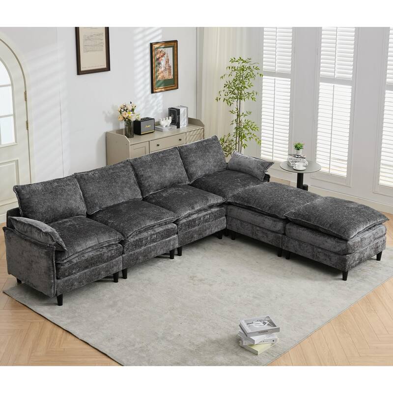 121.5" U-Shaped Chenille Sectional Sofa with 2 Ottomans & 6 Pillows