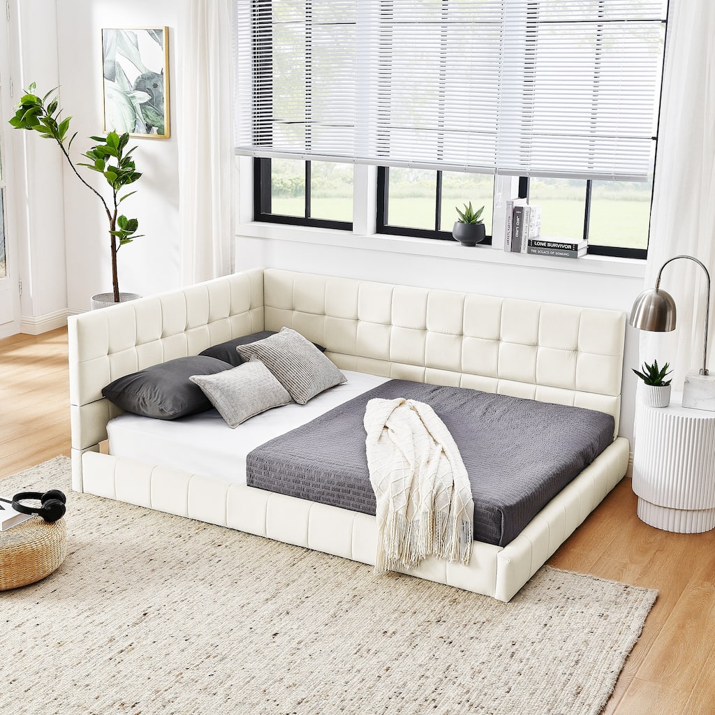 Full Size Upholstered Tufted Bed Frame, Sofa Bed Frame with Comfortable Backrest and Armrests