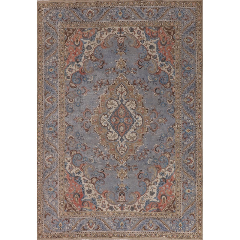Blue Distressed Tabriz Persian Vintage Rug Hand-Knotted Wool Carpet - 7'4" x 10'3"