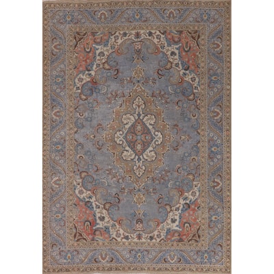 Blue Distressed Tabriz Persian Vintage Rug Hand-Knotted Wool Carpet - 7'4" x 10'3"