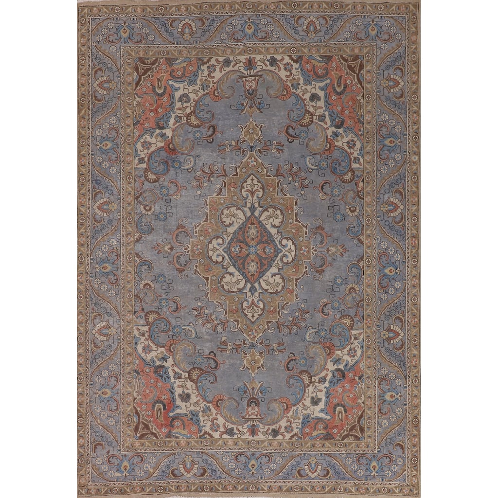 Blue Distressed Tabriz Persian Vintage Rug Hand-Knotted Wool Carpet - 7'4" x 10'3"