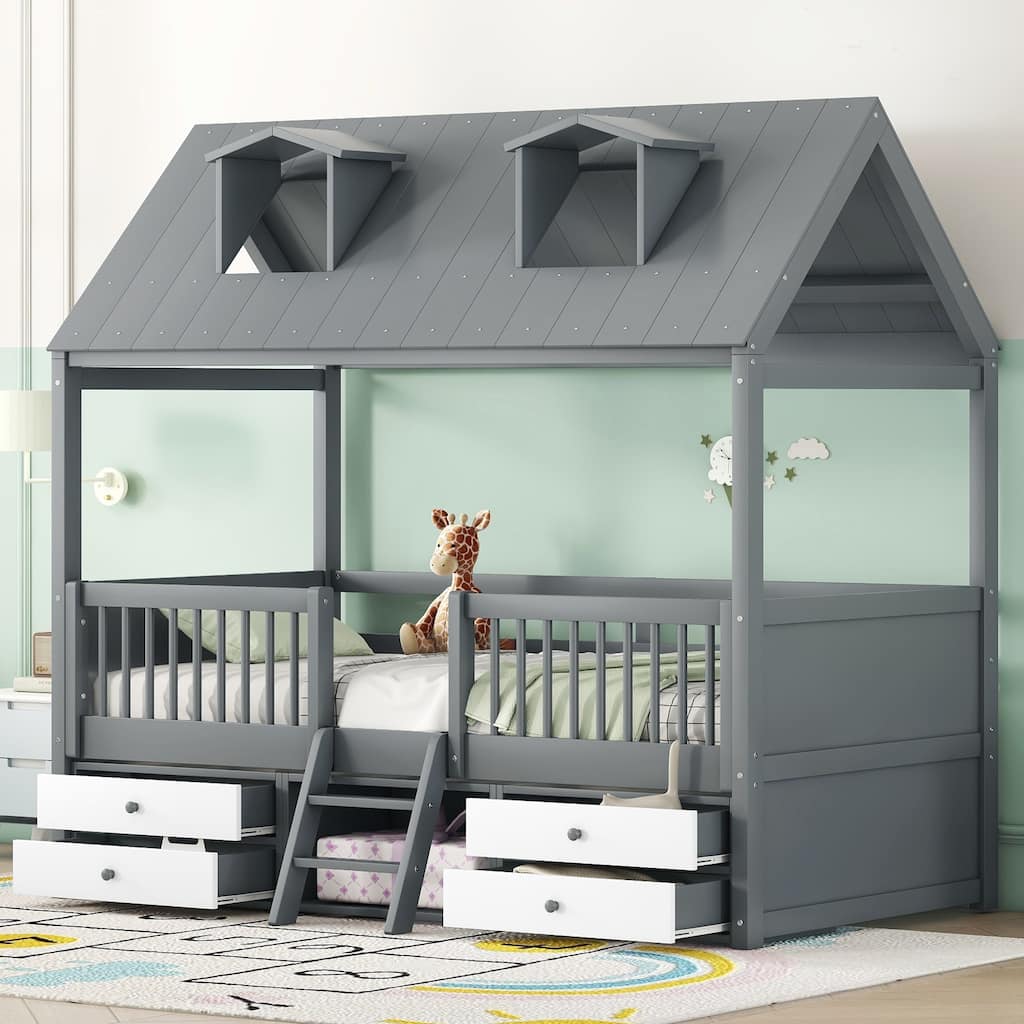 Twin/Full Size Wooden Platform Bed with 4 Drawers and Shelf, Pinewood House Bed Frame with Roof Skylights and Guardrail