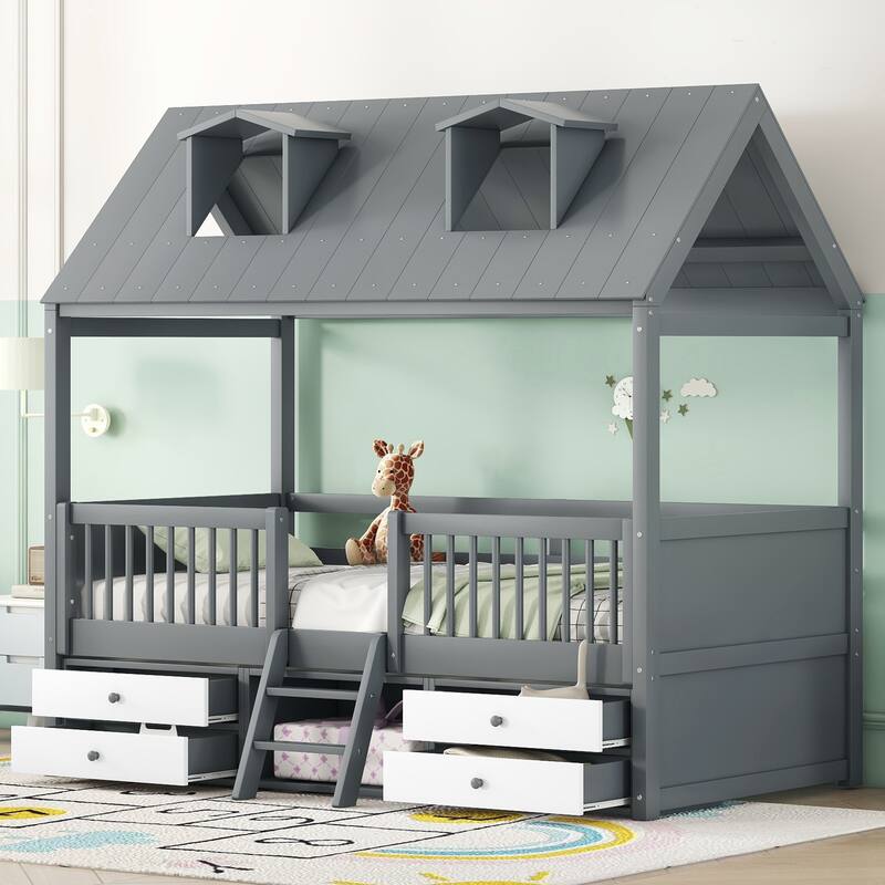 Twin Size Wooden House Bed with Roof Skylights, Ladder, 4 Drawers, Shelves, Fence and Solid Wood Frame, for Kids Ages 6+