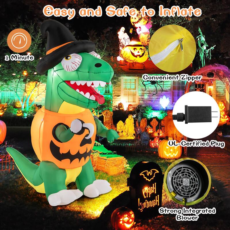 Gymax 6 FT Inflatable Pumpkin Dinosaur w/ Built-in LED Lights & Witch