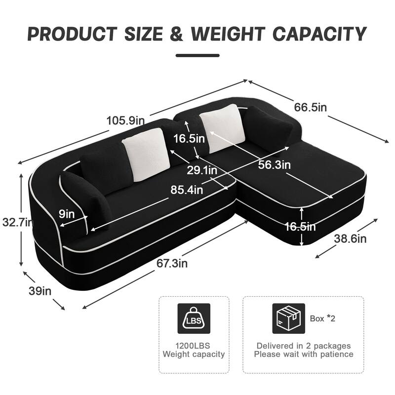 Teddy Fabric Contrast Sofa for Living Room, Upholstered Sectional Couch with L-Shaped Chaise, Boneless Couch with Throw Pillows