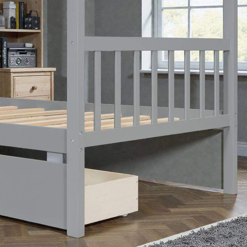 Twin/Full Size Wooden House Bed with Roof and 2 Drawers, Kids Platform Bed with Storage, Solid Pine Frame