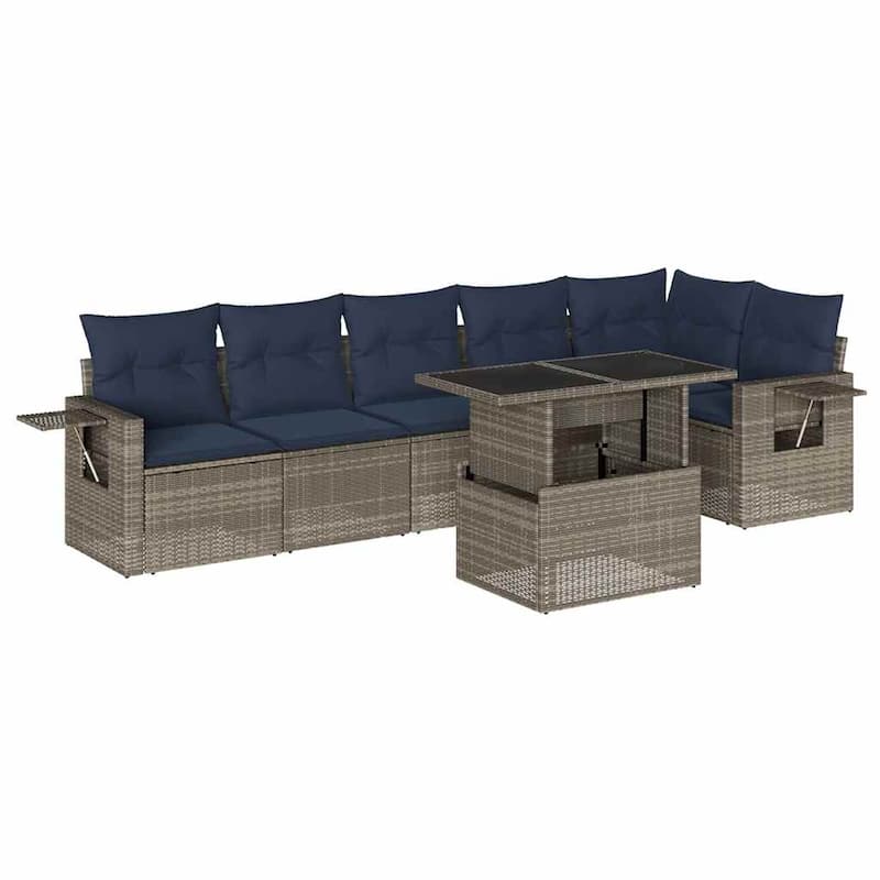 vidaXL 7 Piece Patio Sofa Set with Cushions Black/Gray Poly Rattan - 24.4 x 24.4 x 27.2