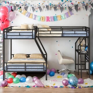 Twin over Full Metal Bunk Bed with a Twin Size Loft Bed attached, with Built-in Desk&Slide,Space-Saving Loft Bed for 3,Black