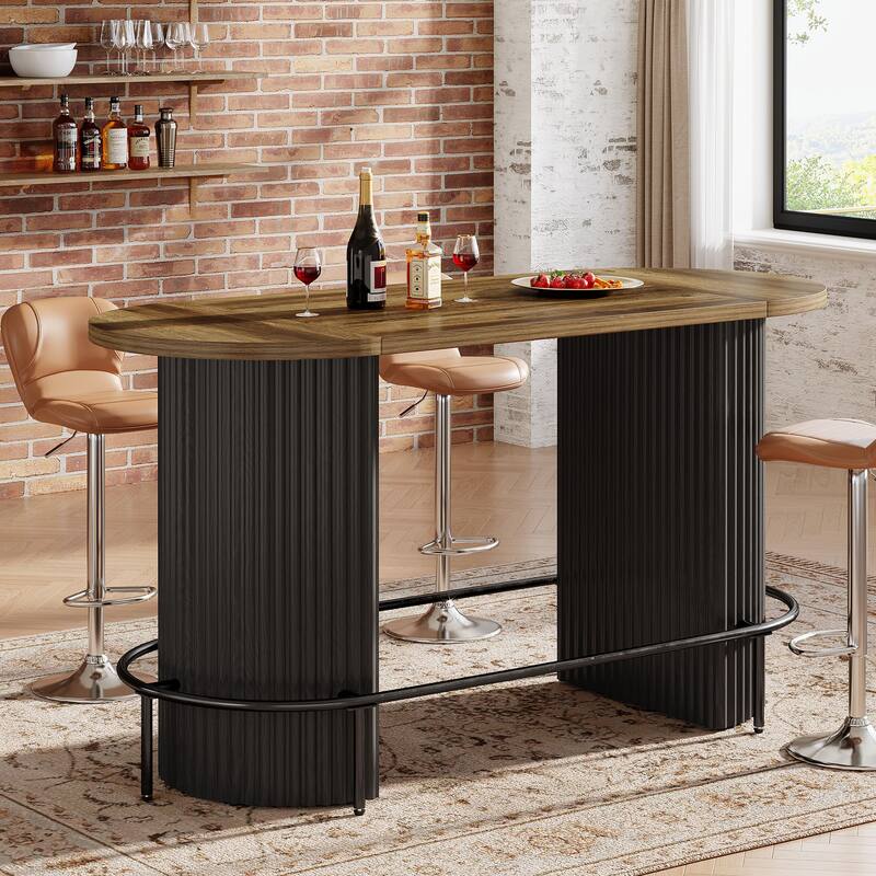 Modern Industrial Oval Bar Table, Counter Height Pub Dining Table with Footrest
