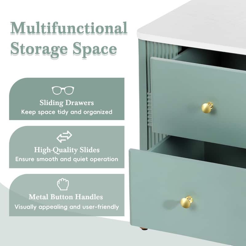 Modern Nightstand with 2 Storage Drawer and Golden Metal Handles for Living Room