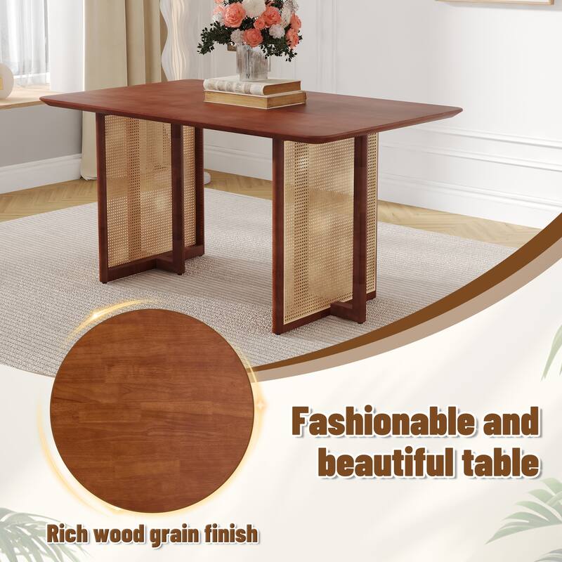 Solid Wood Dining Table Set for 6, 59" Tables with Imitation Rattan Legs And 6 Chairs, 7-Piece Modern Dining Table & Chair Set