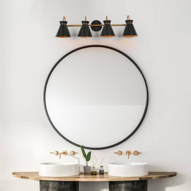 Modern 4-Light Black Gold Bathroom Vanity Lights Linear Wall Sconce with Metal Shades - 31.5" L x 7" W x 8.5" H