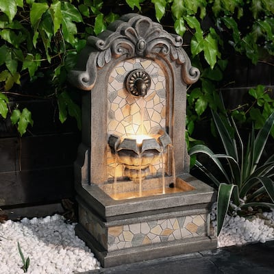 Grey Resin Mosaic Freestanding Outdoor Water Fountain with Lights - 27" Tall