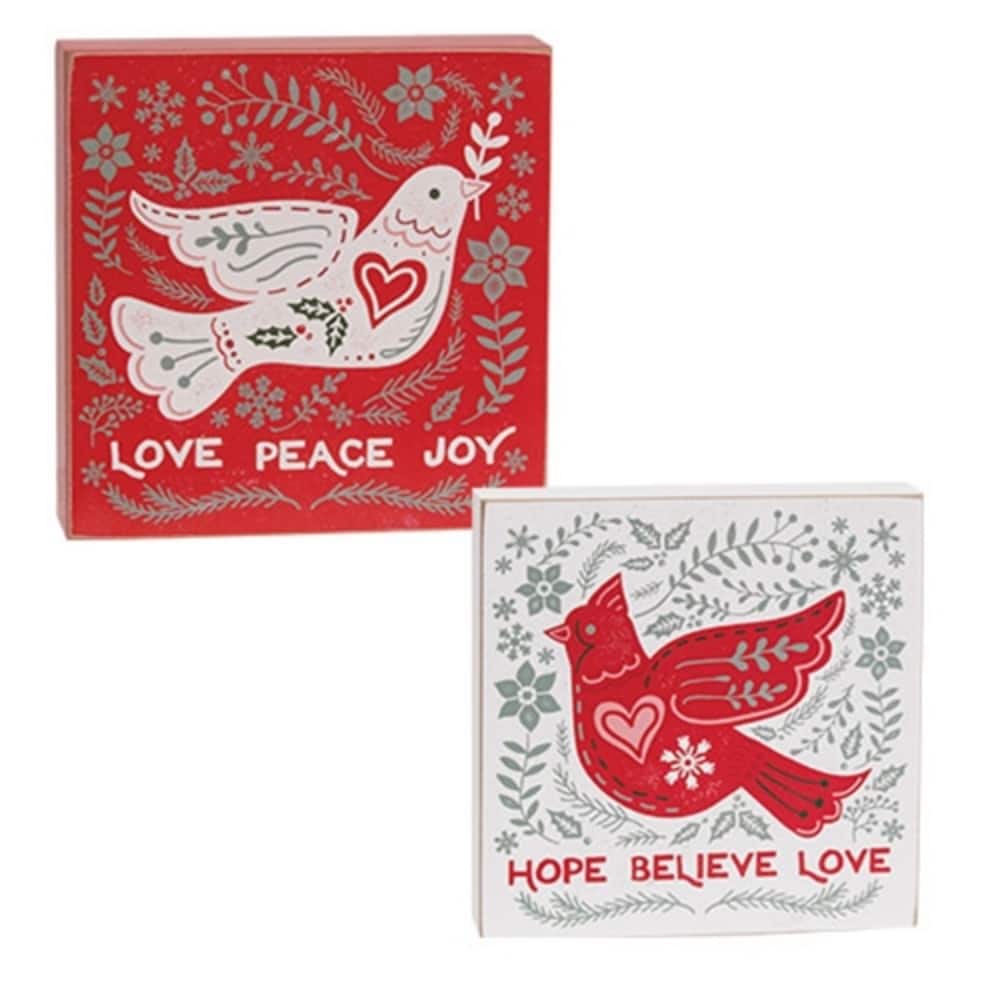 Winter Floral Dove Hope Box Sign for Christmas Decor - 2 Asstd. - 8" x 1.50" x 8"