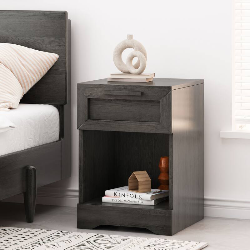 Rustic Faux Wood Nightstand with Drawer and Shelf, 1-Drawer Storage Table for Bedroom and Living Room - Grey