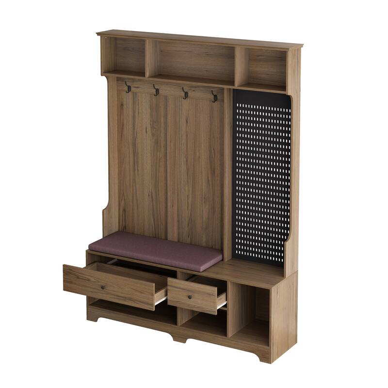 Multi-Purpose Hallway Hall Tree with Removable Linen Bench, Storage Shelves & DIY Pegboard for Entryway & Living Rooms