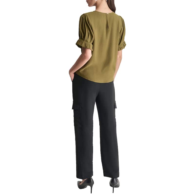 DKNY Roll-Sleeve Crinkle Crewneck Top