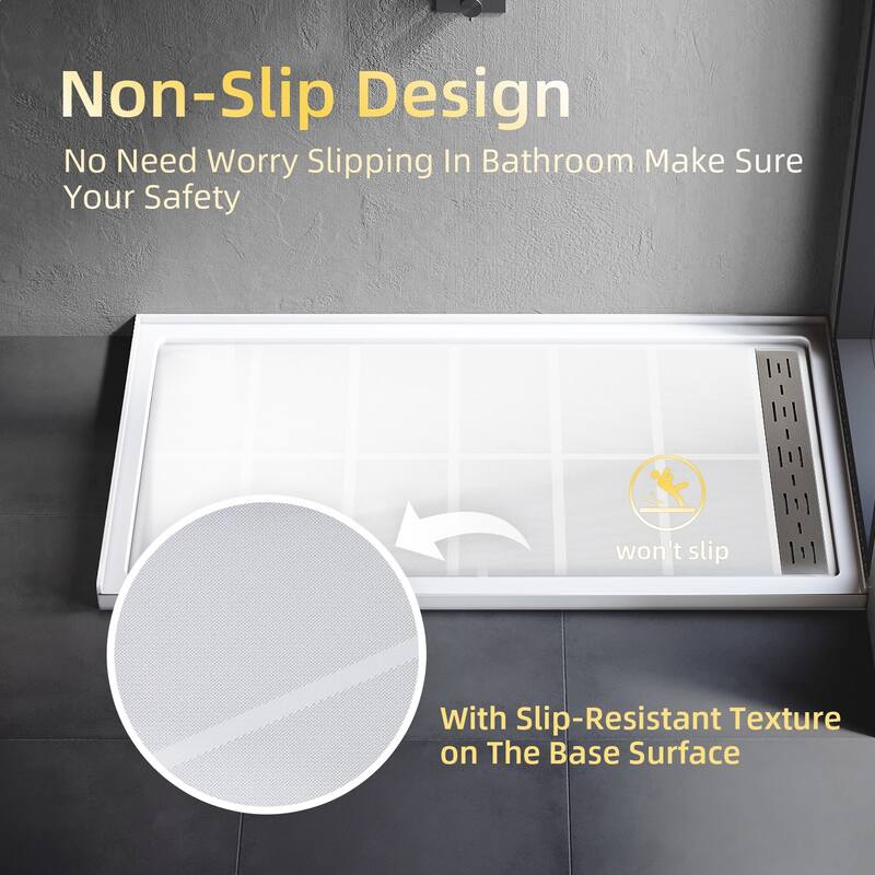 Elegant Rectangular SMC Shower Base 60" L x 32" W x 4" H Right Drain in White with Cover Single Threshold Anti-slip Shower Pan