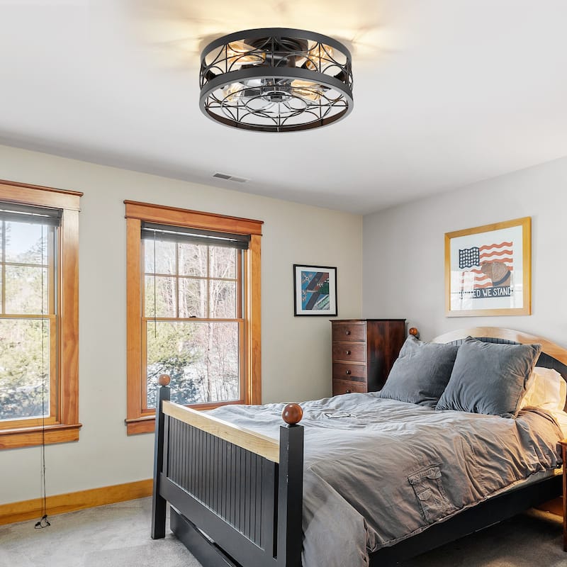 Breezary 16.5"/20" Vintage Distressed White/Matte Black Low Profile Ceiling Fan with Remote (7-Blade)
