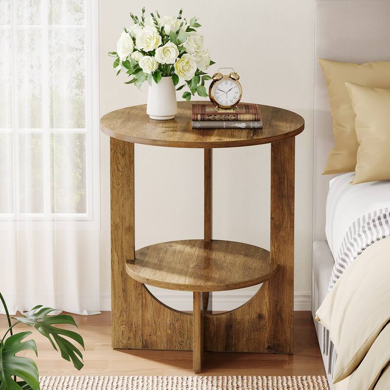 2-Tier Round End Table with Storage, Brown - 1-Piece