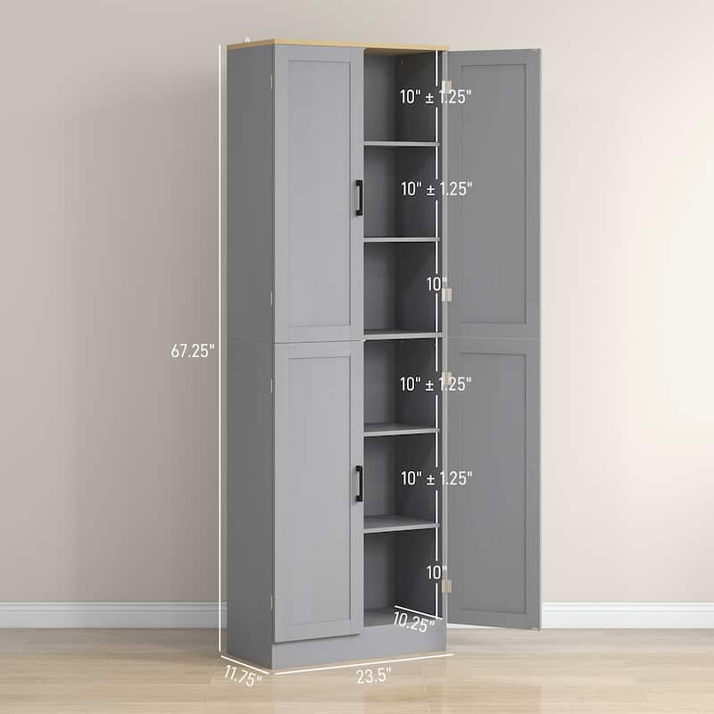 6-Tier Kitchen Pantry Cabinet with Adjustable Shelves and Recessed Doors Metal Handles - 23.5" W x11.75" D x 67.25" H