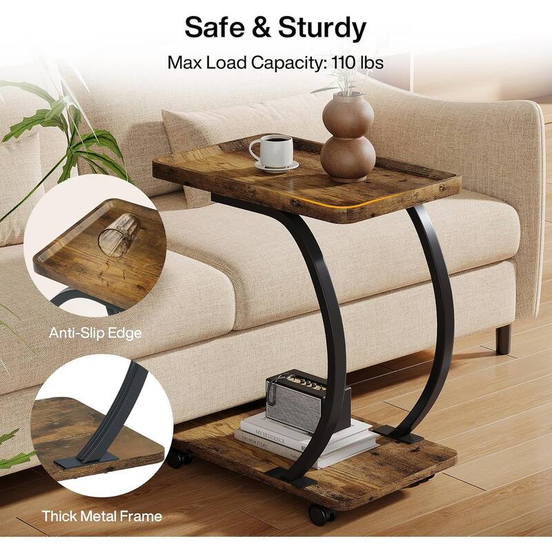 Industrial 2-Tier C-Shaped End Table with Wheels, Wood Small Side Table with Metal Frame, for Living Room Small Spaces