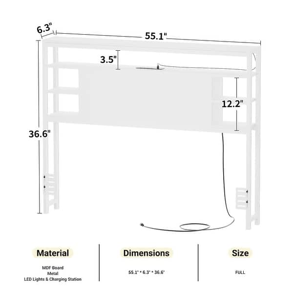 dimension image slide 8 of 11, Headboards with Storage Shelves, Head Board with Power Outlet and LED Light for Bed Frame