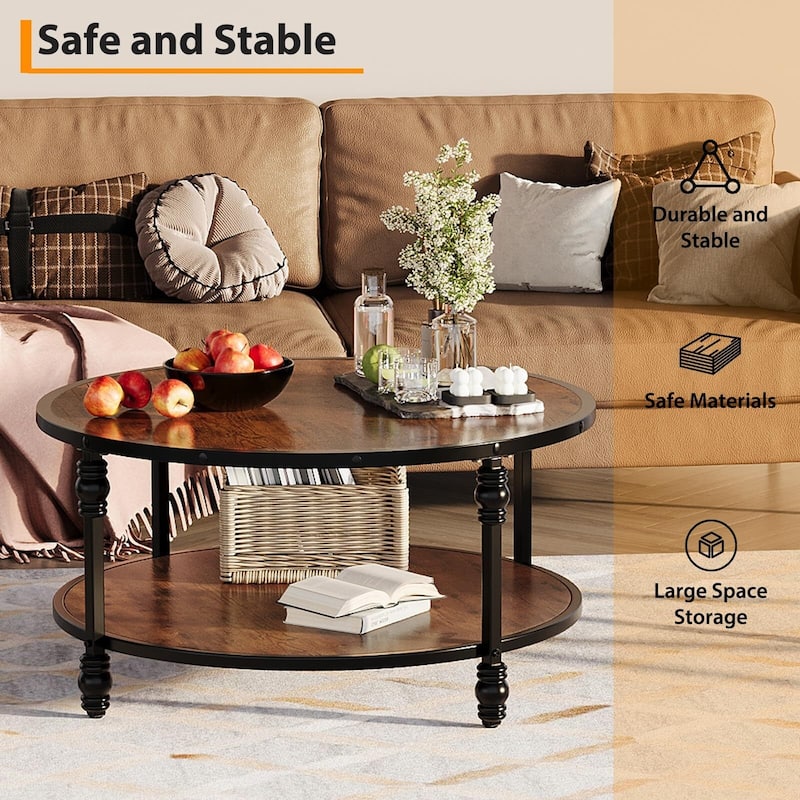 Round Coffee Table for Living Room Rustic Center Table with Storage