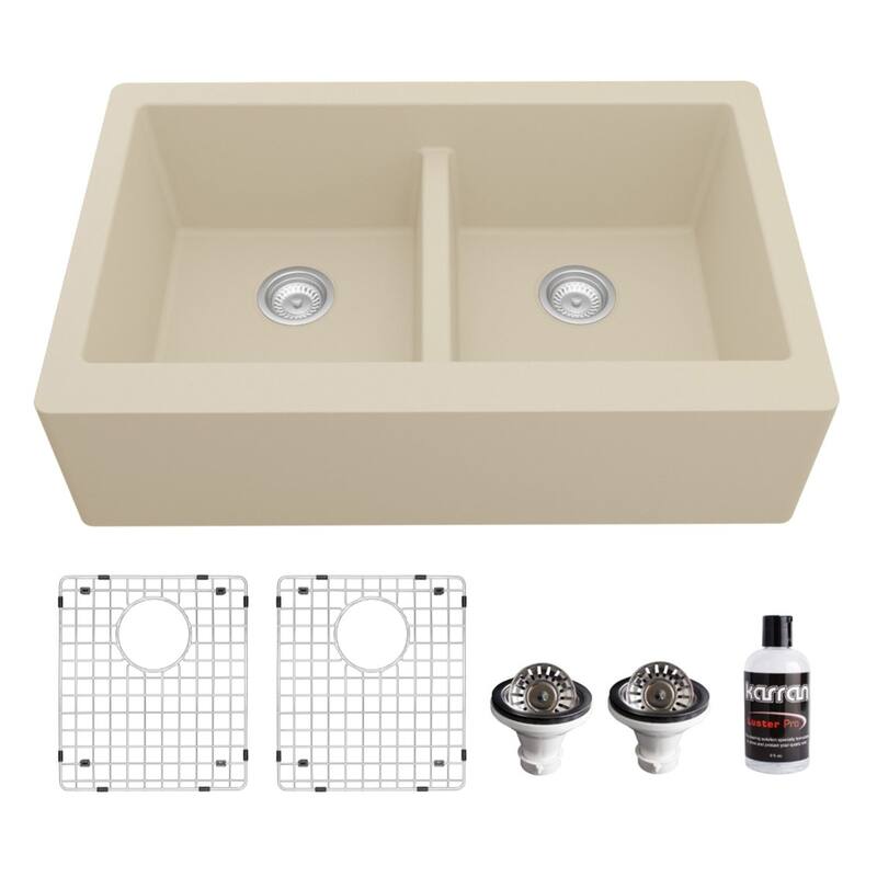 Karran Farmhouse Apron Front Quartz Double Bowl Kitchen Sink Kit - Bisque