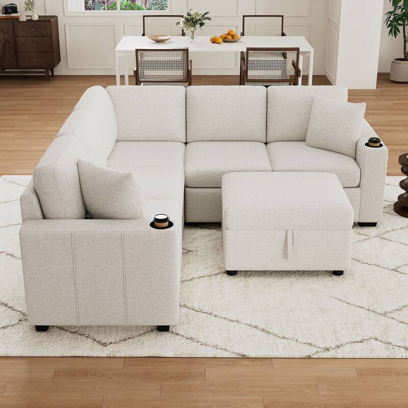 Convertible Sectional Sofa with Pull-out Sofa Bed and Dual Cup Holders