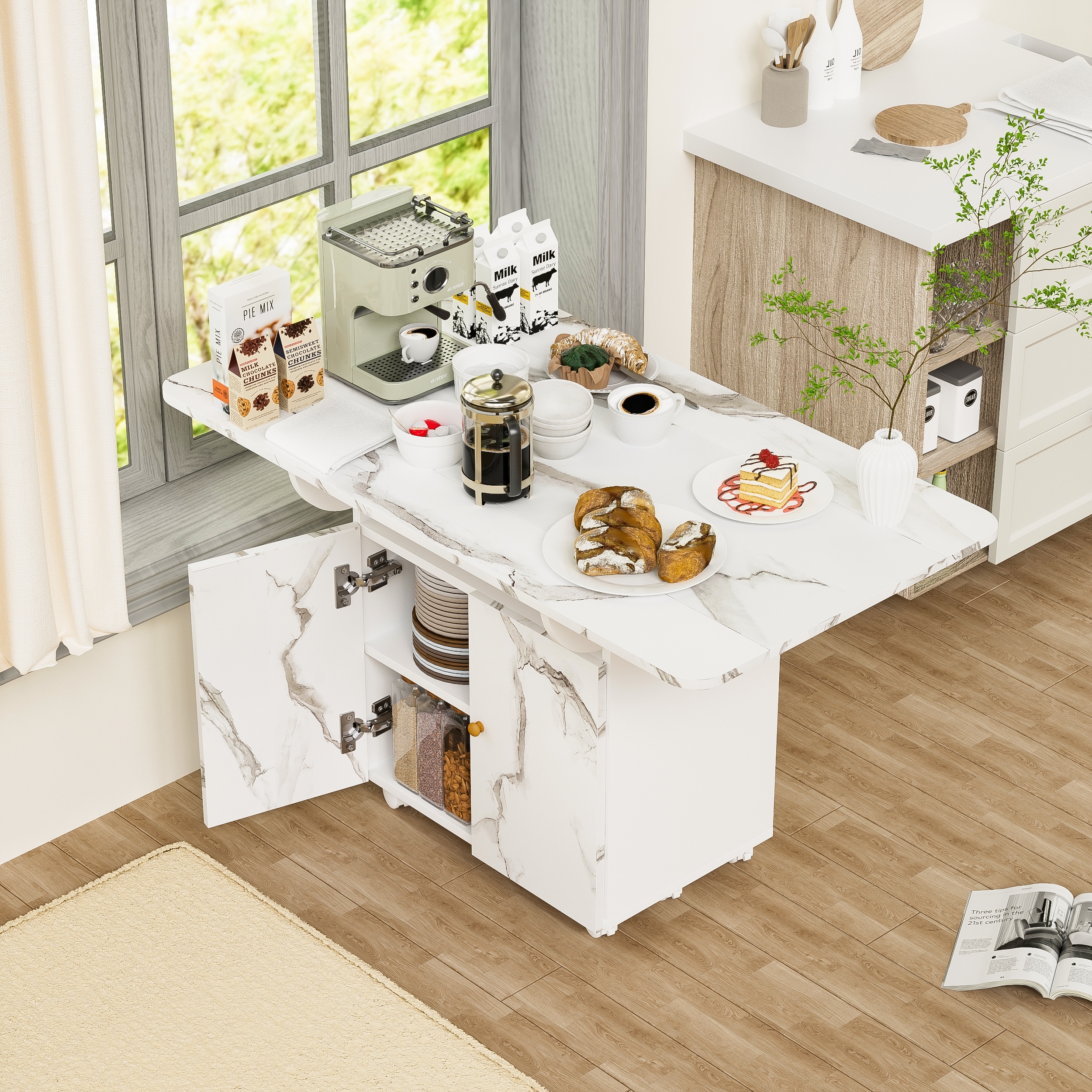 Folding Dining Table With Storage Rack And Cabinet, Removable 