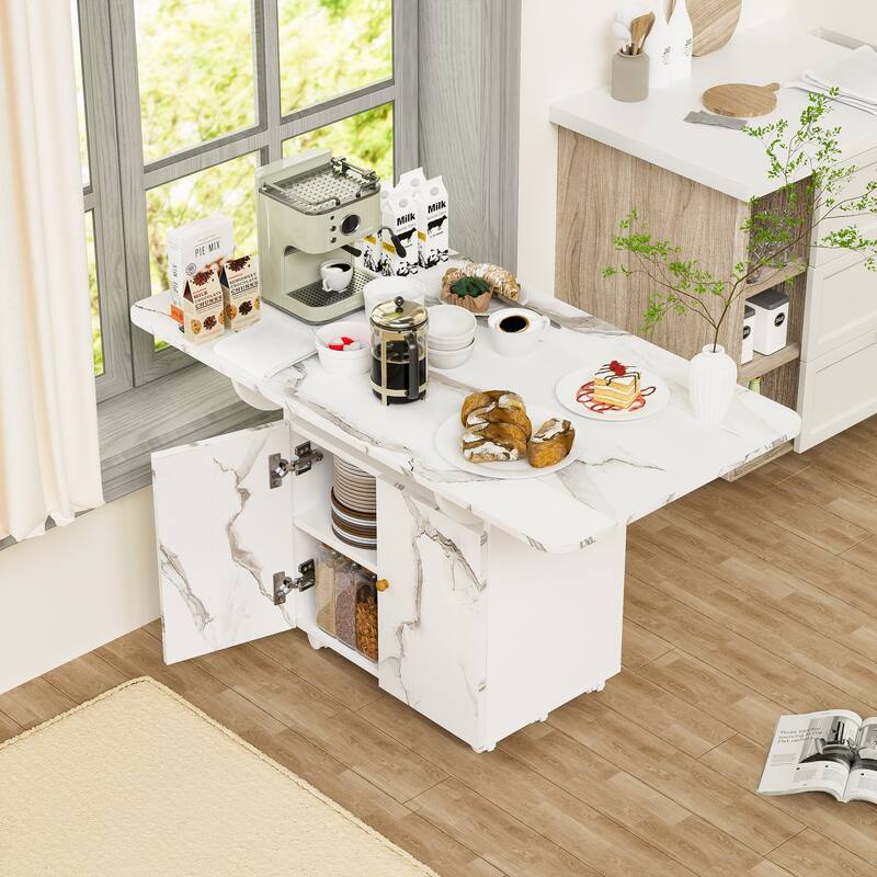 47" Wood Folding Dining Table with storage rack and cabinet, Removable Entryway Table with 6 Wheels