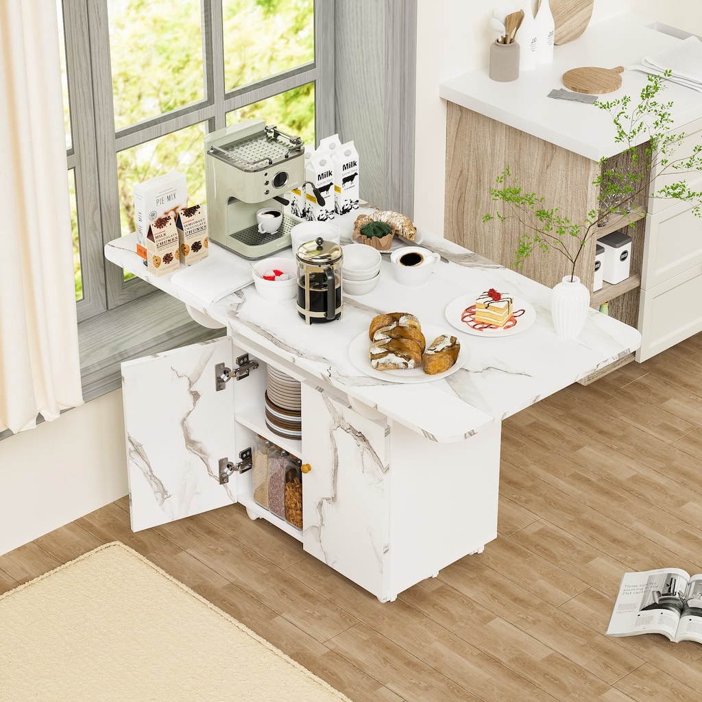 Marble Texture Folding Dining Table with Storage Rack and Cabinet, Removable Entryway Table with 6 Wheels