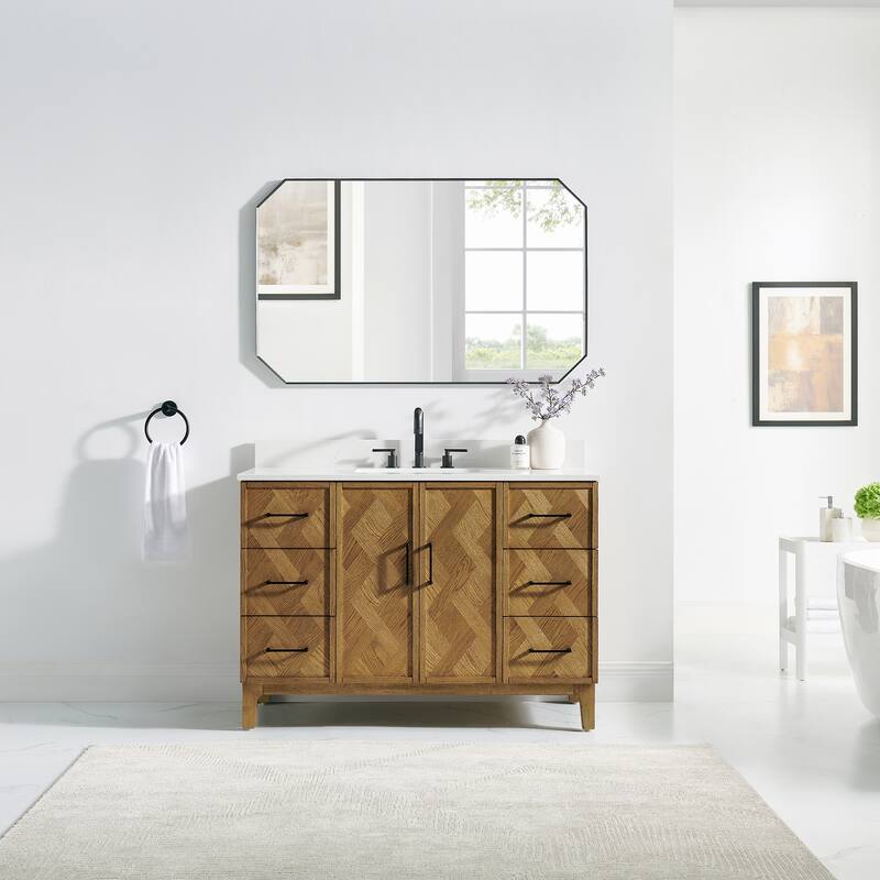 Clara Bathroom Vanity in Weathered Brown with Calacatta Truffle White Quartz Countertop No Mirror - 48"x34"