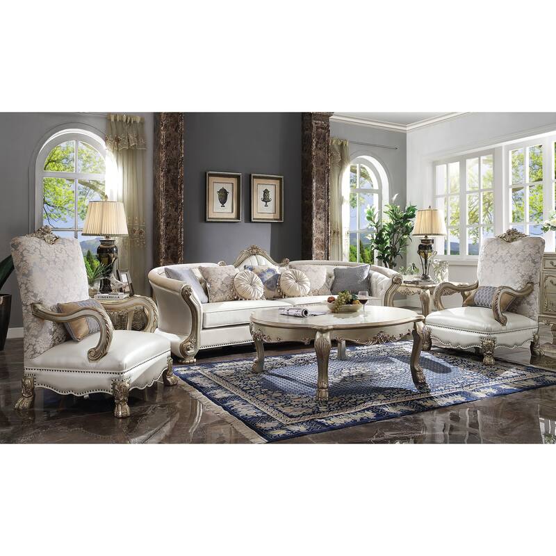 Mandrake Pearl and Gold Patina Sofa with 7 Pillows