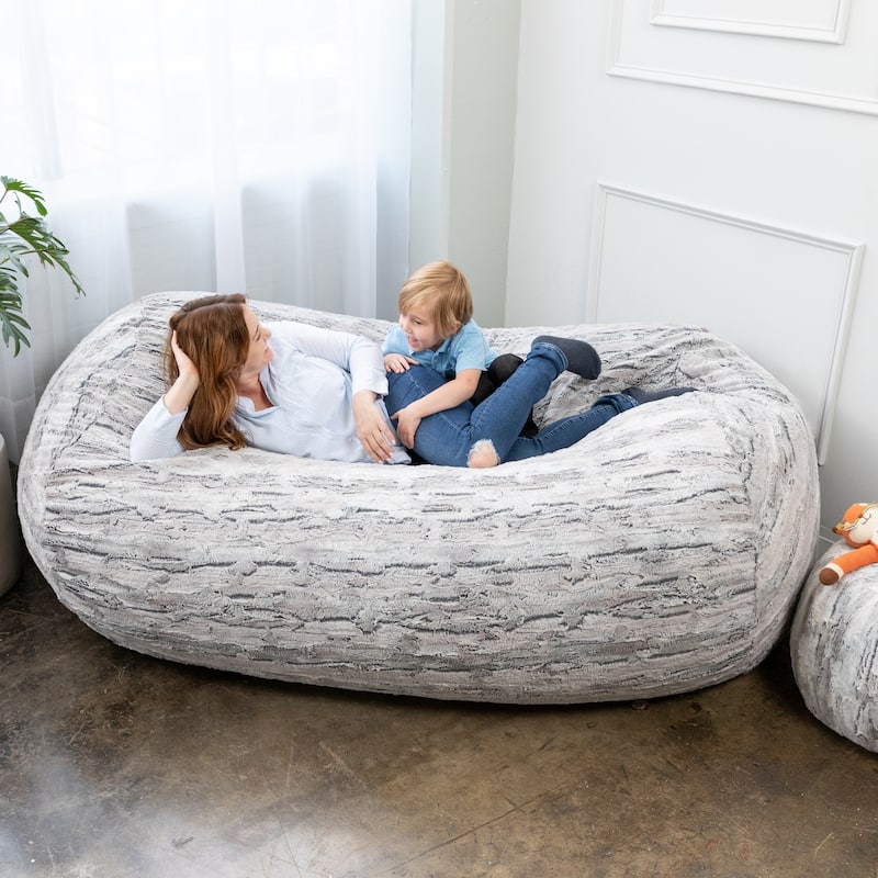 Jaxx Grand Lounger 7 Foot Bean Bag Sofa For Adults - Luxe Faux Fur - Silver Fox