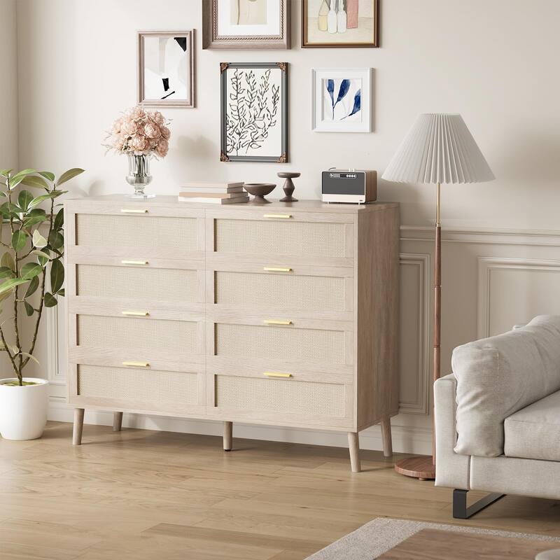 6/8 Drawer Dresser for Bedroom, Natural Rattan Dresser with Metal Handles, Farmhouse Chest of Drawer