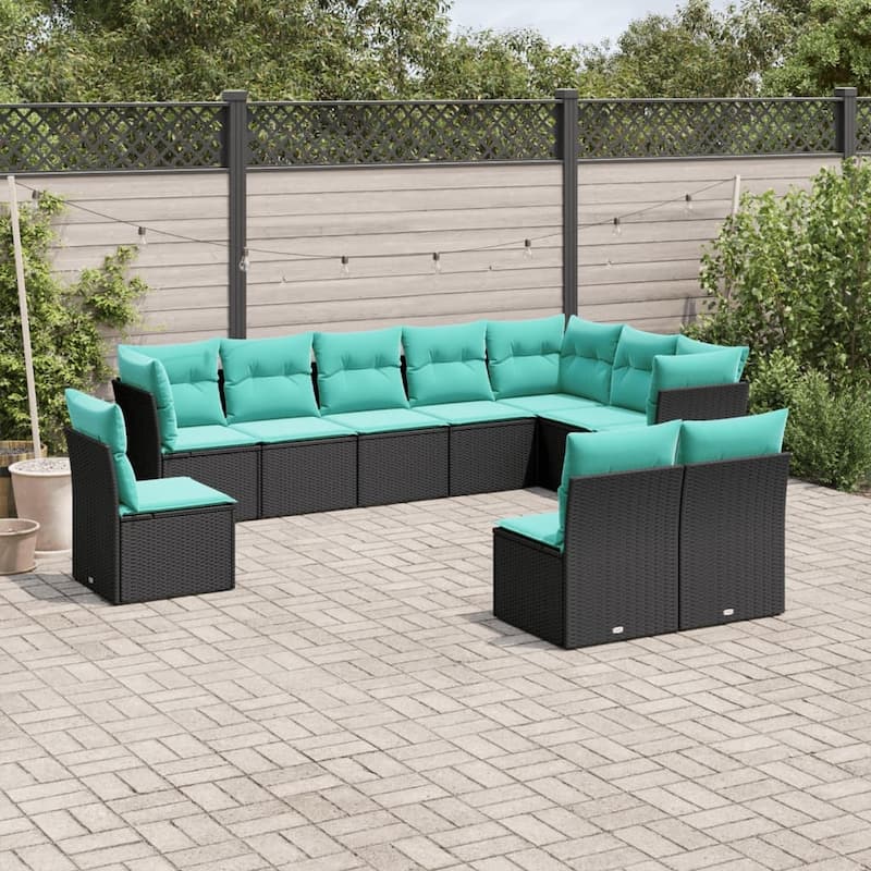 vidaXL 10 Piece Patio Sofa Set with Cushions Black Poly Rattan - 43.3x27.2x24.4-Without table