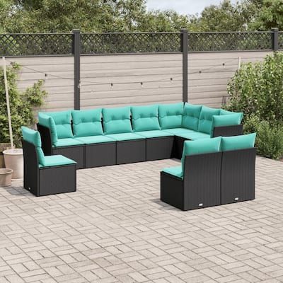 vidaXL 10 Piece Patio Sofa Set with Cushions Black Poly Rattan