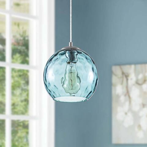 1-Light Brushed Nickel Globe Pendant with Clear Deco Swirl Glass Shade