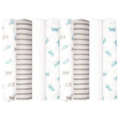 Babykin Organic Cotton Muslin Swaddle Blankets, Bug's Life (Blue), 8 Piece Pack