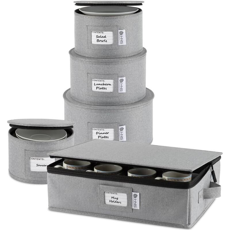 Hard Shell China Storage Containers 5-Piece Set Moving Boxes for Dinnerware, Glasses, Plates, Mugs and Saucers - Gray