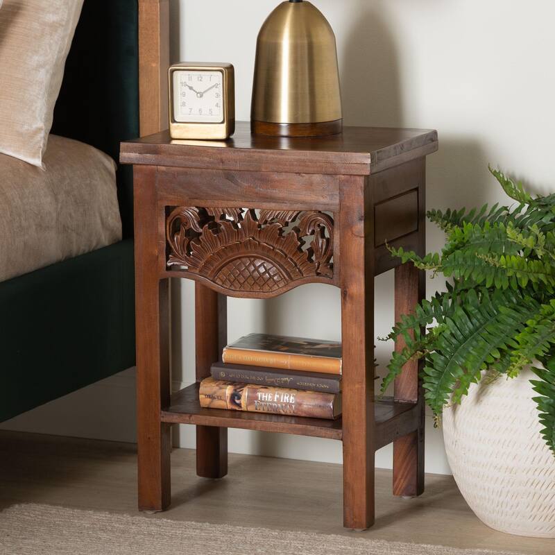 Alexandra Handcarved Mahogany Wood Nightstand - Decorative Accent Table with Lower Shelf, Traditional Artisan Furniture