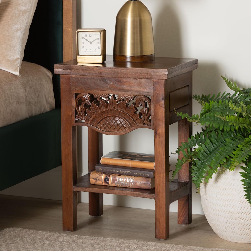 Alexandra Handcarved Mahogany Wood Nightstand - Decorative Accent Table with Lower Shelf, Traditional Artisan Furniture