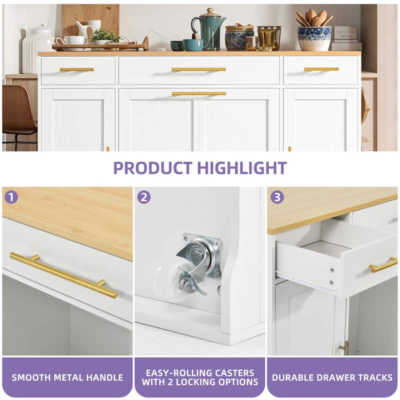 Moasis 55 inch Rolling Kitchen Island with Drop Leaf and Pull Out Garbage Bin Cabinet fits