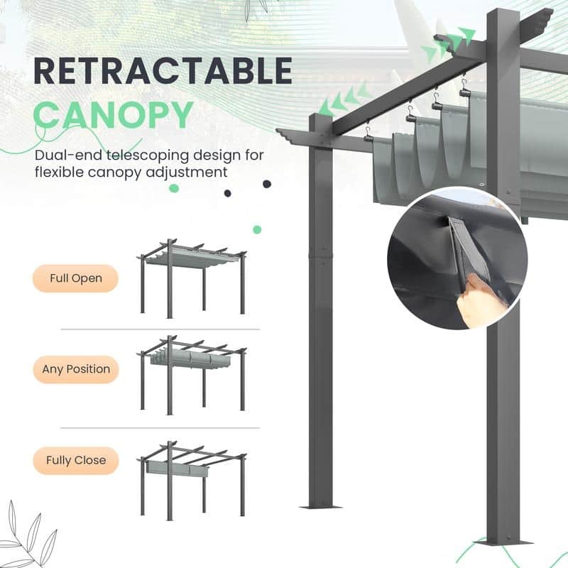EROMMY 10' x 13' Outdoor Pergola with Retractable Canopy, Heavy-Duty Metal Frame and Adjustable Patio Shade Roof