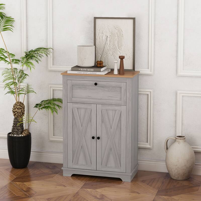 Farmhouse Barn Door Accent Cabinet, Kitchen Sideboard Storage Cabinet with Double Doors, Drawer, and Adjustable Shelf